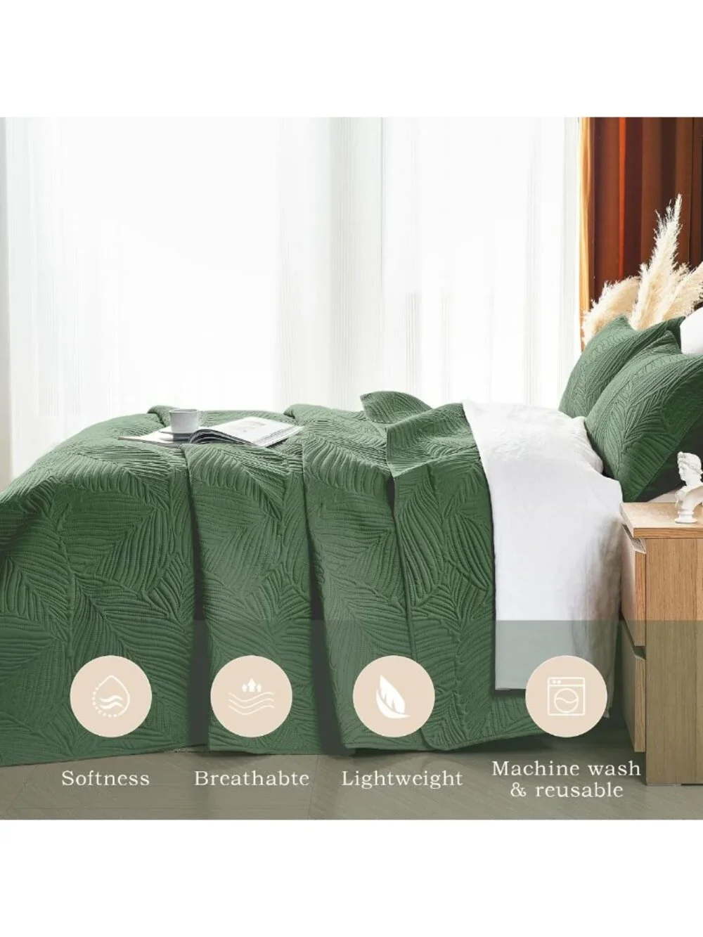 Lightweight Olive Green King Quilt Set, Soft Bedspread with Leaf Pattern, 3